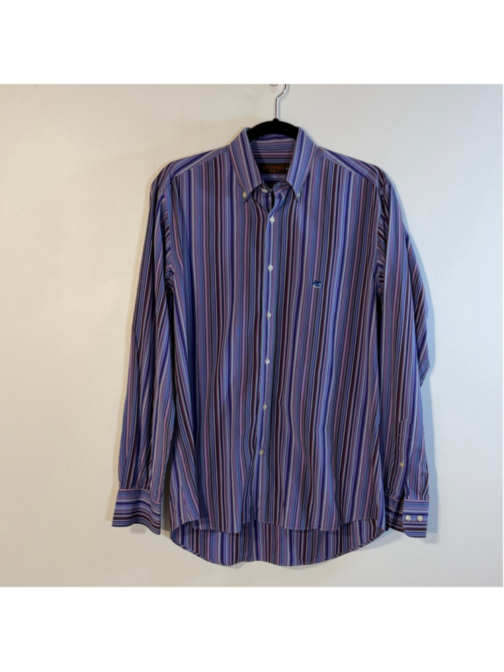 Etro Milano Striped Button Down Shirt Men’s Medium Blue Purple Pegasus Size 40